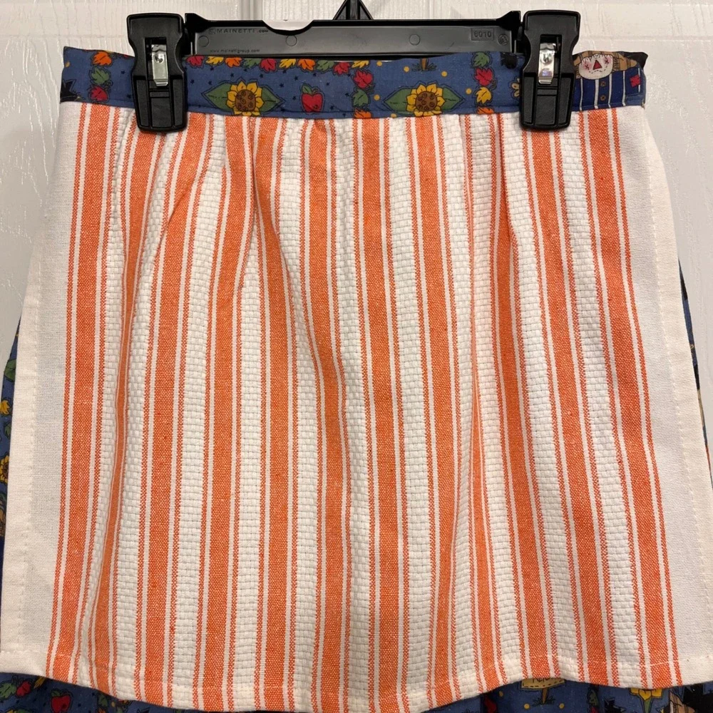 Handmade Fall Pumpkin Patch Scarecrow Half Apron Blue Orange Striped XS-L